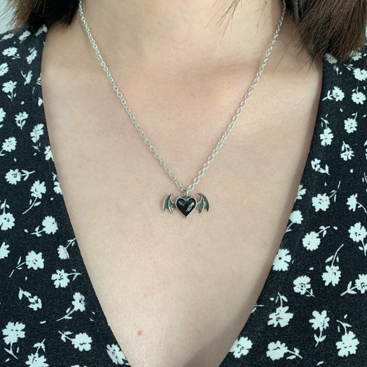 Women's Black Devil Heart Wings Necklace