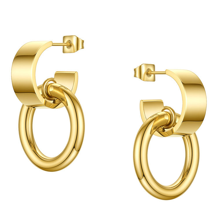 18K Gold Titanium Steel European And American Glossy C- Shaped Hanging Small Circle Ear Studs