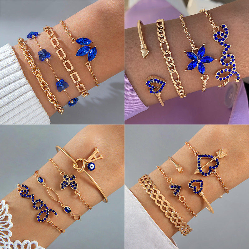 4pcs Blue Flower Love Butterfly Bracelet Set With Rhinestones Design Valentines Day